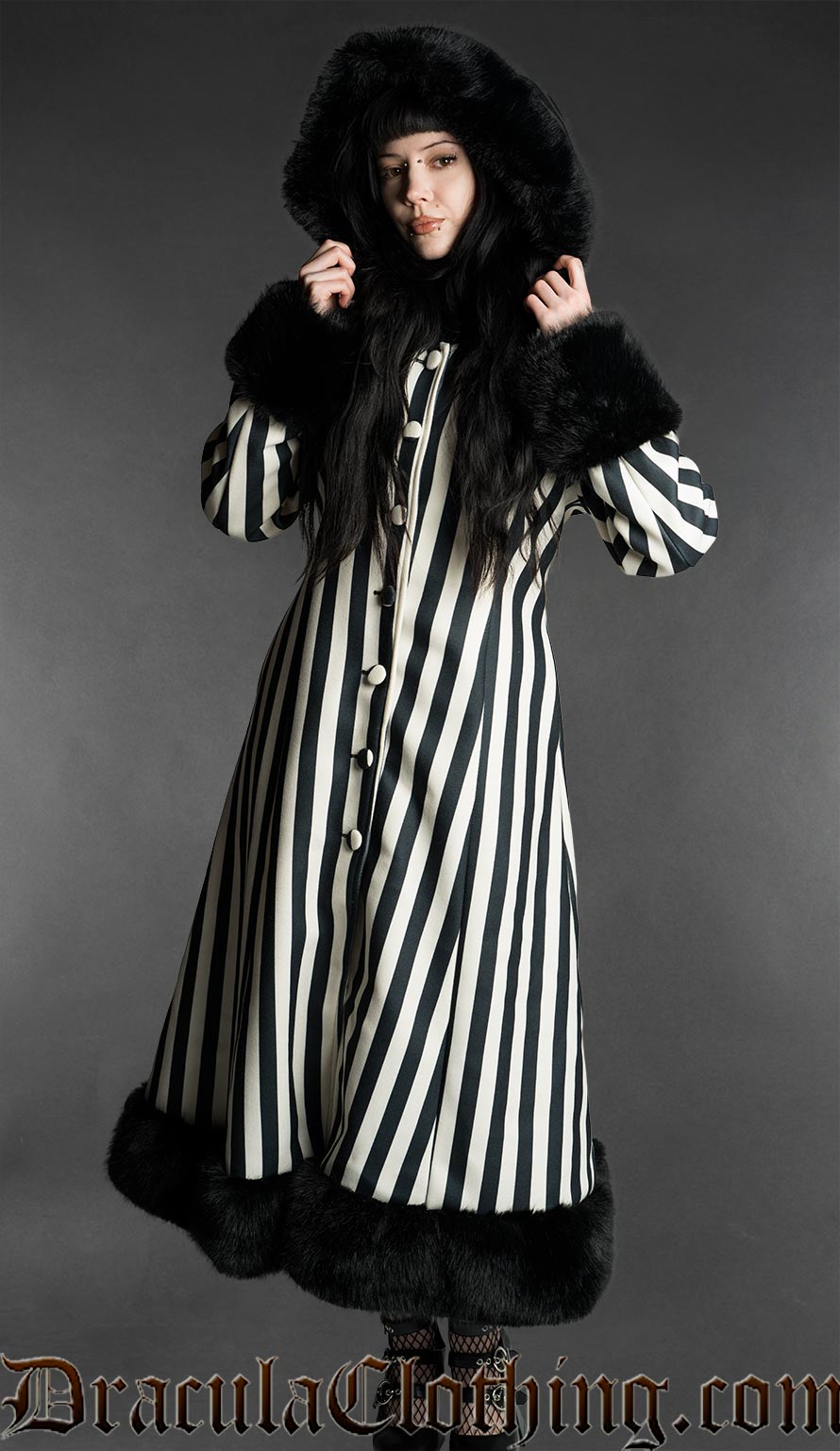 Black And White Striped Winter Coat With Hood