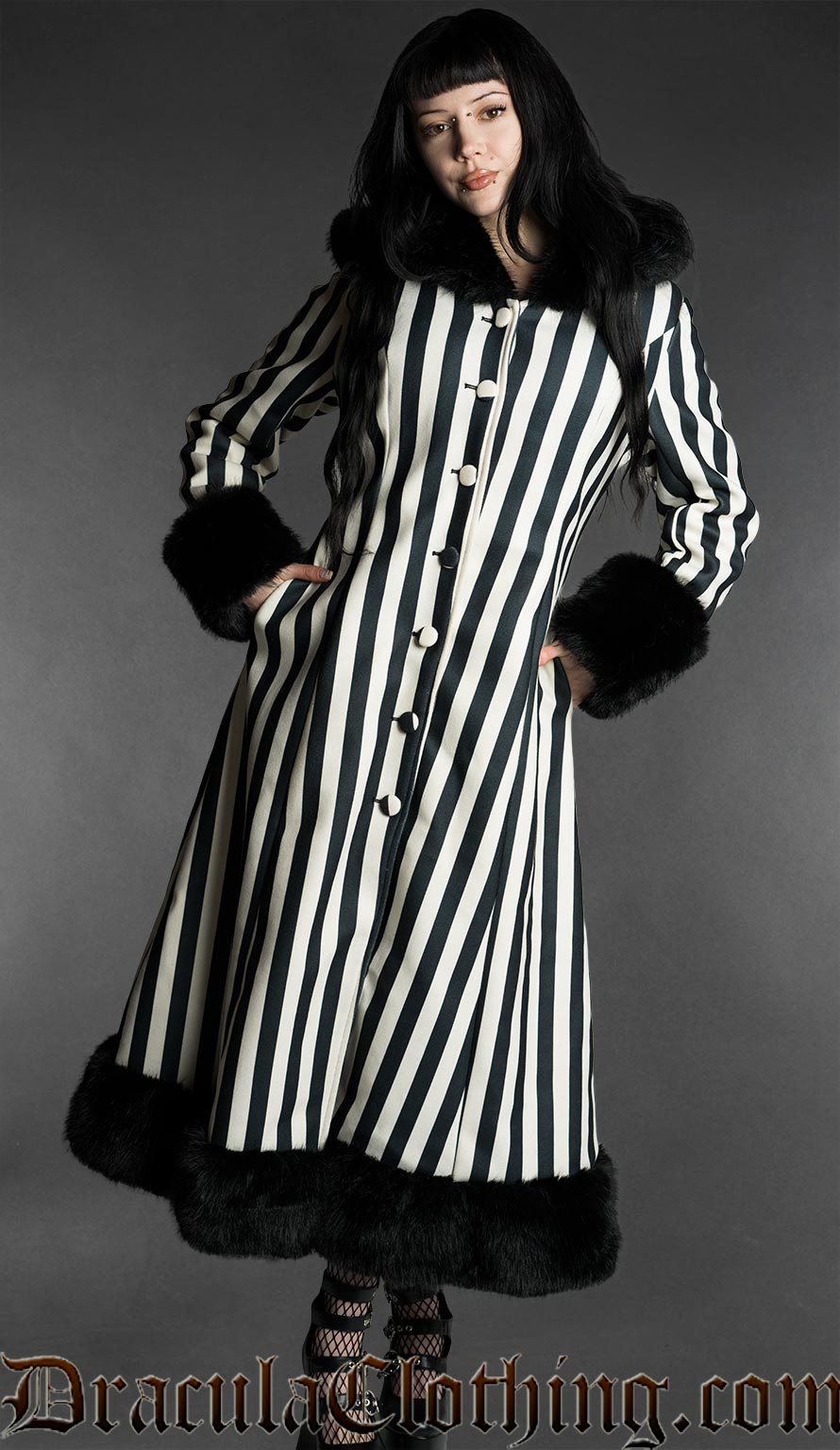 Black And White Striped Winter Coat With Hood