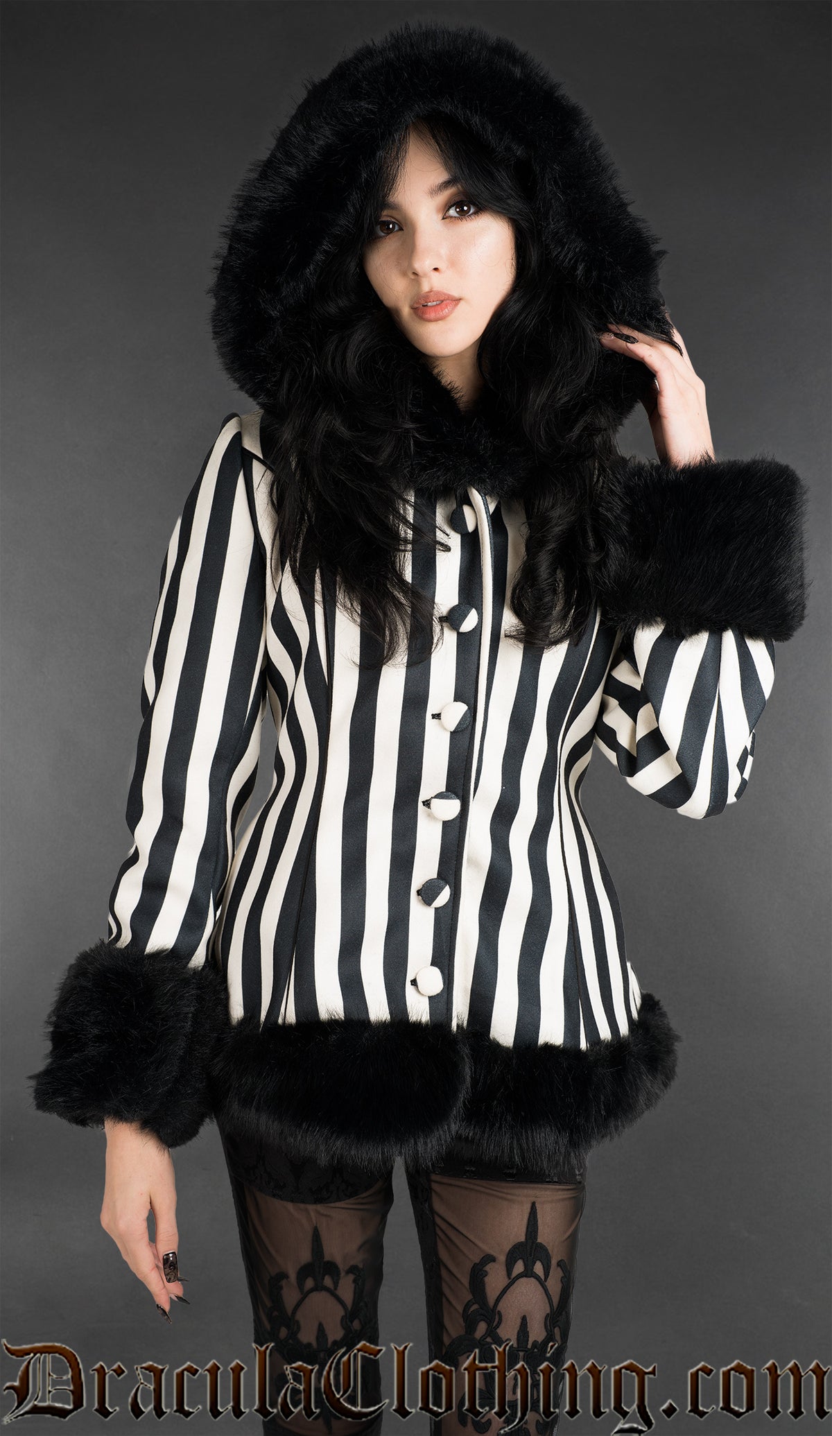 Black And White Striped Winter Jacket With Hood