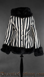 Black And White Striped Winter Jacket With Hood