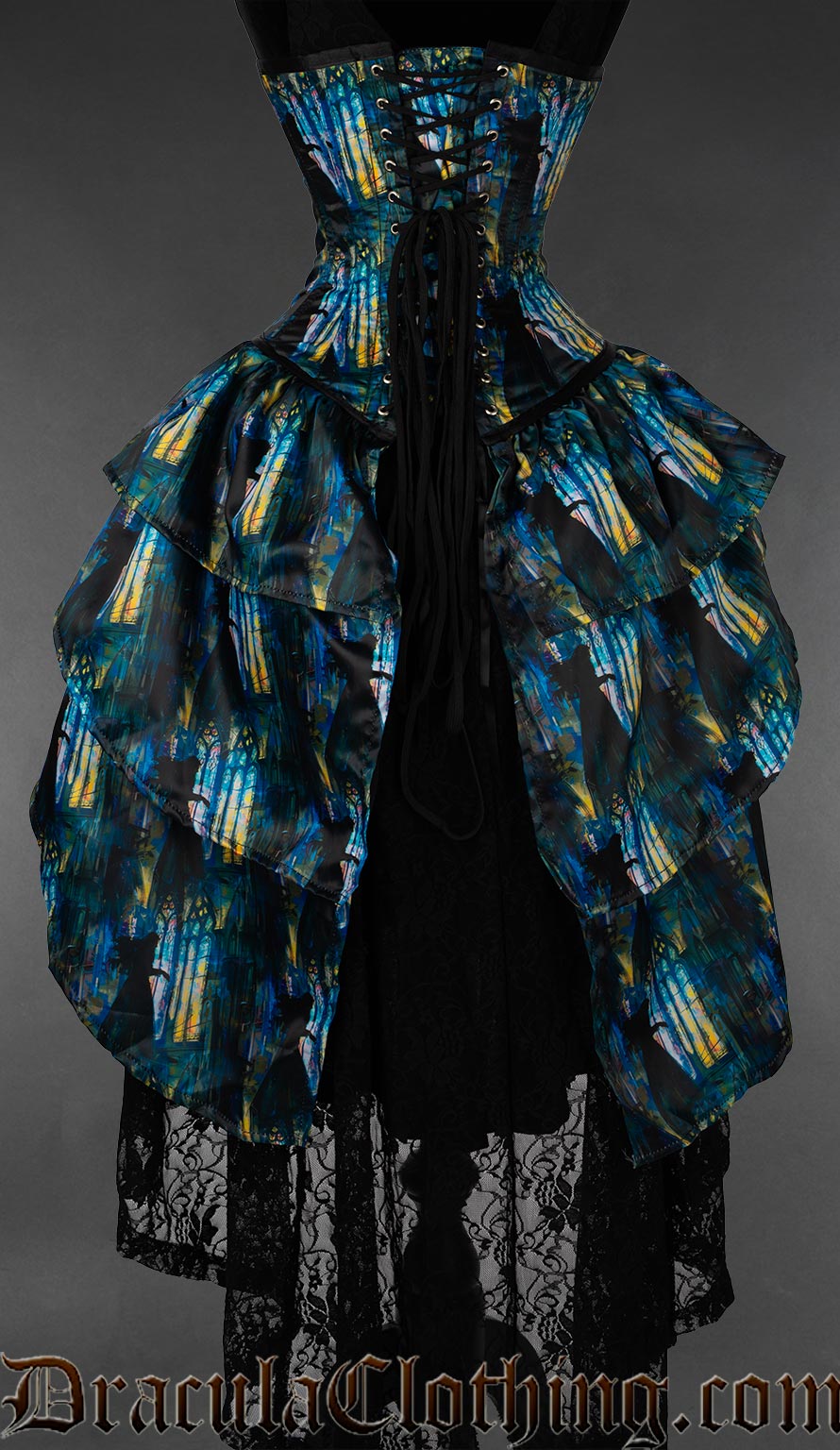 Dark gothic bustle corset featuring phantom opera theater artwork back view