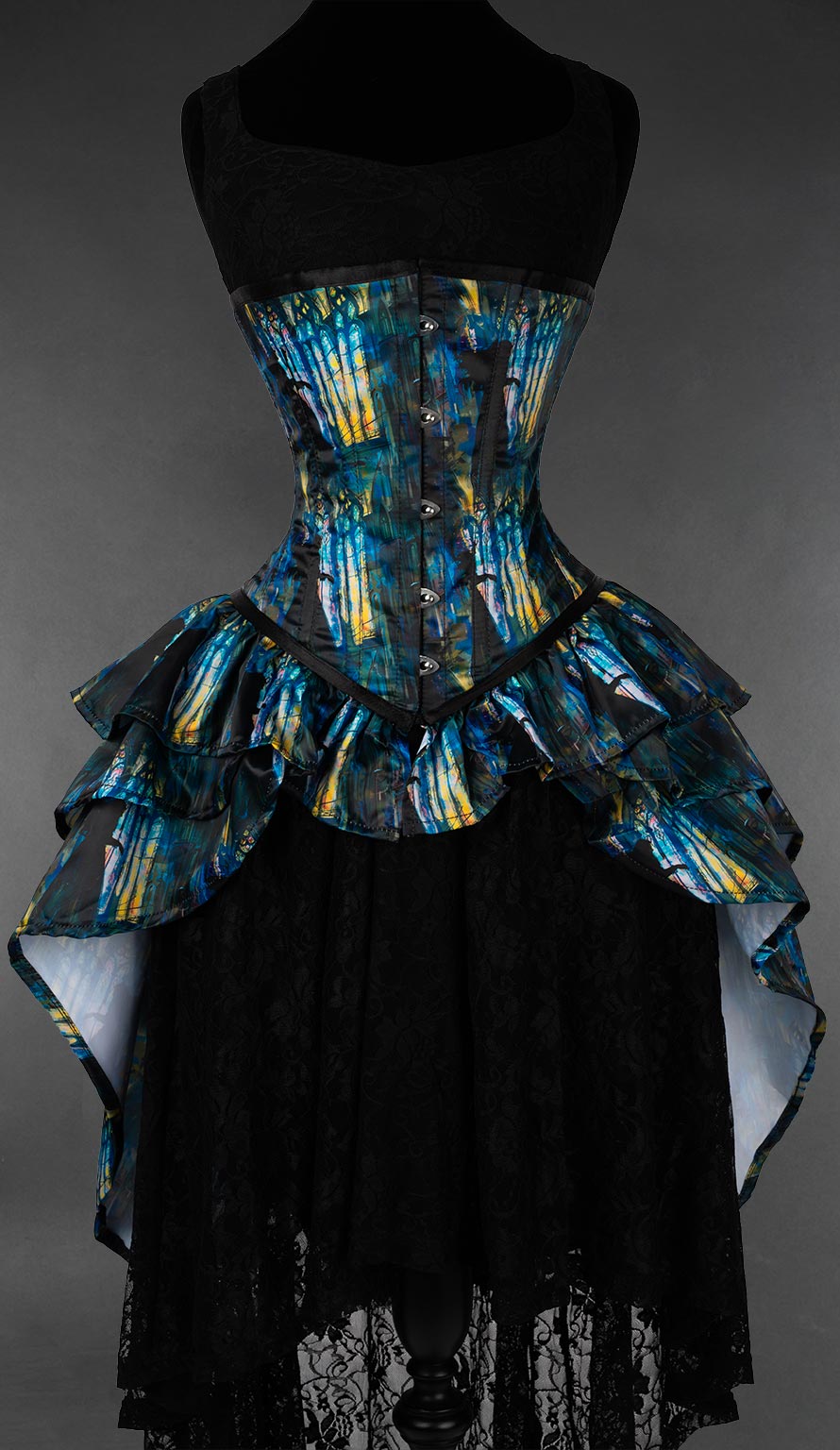 Dark gothic bustle corset featuring phantom opera theater artwork