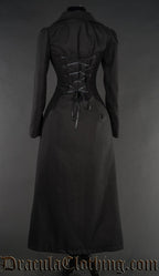 Back view of women's black long length coat showing adjustable corset style lacing in the back