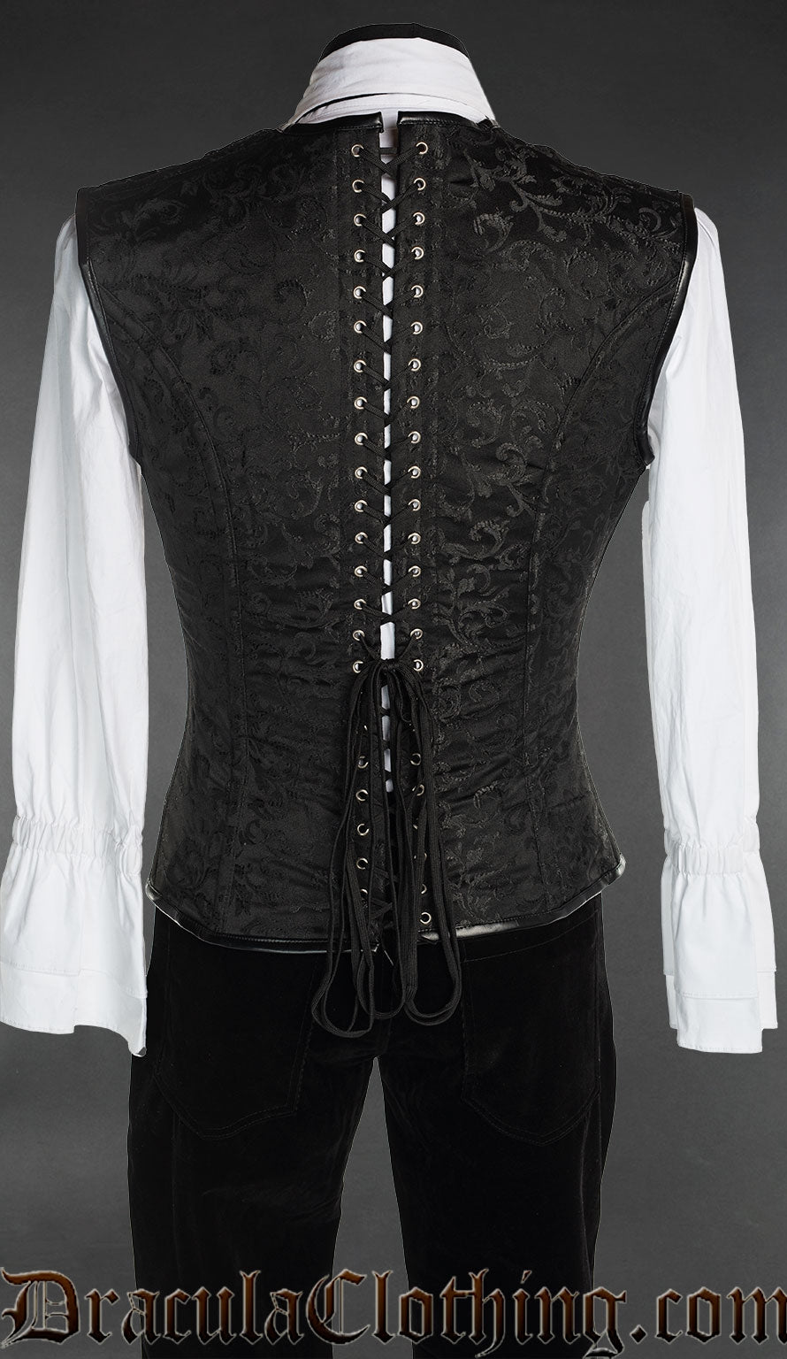 Back view of men's black brocade corset vest showing adjustable lacing
