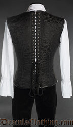 Back view of men's black brocade corset vest showing adjustable lacing