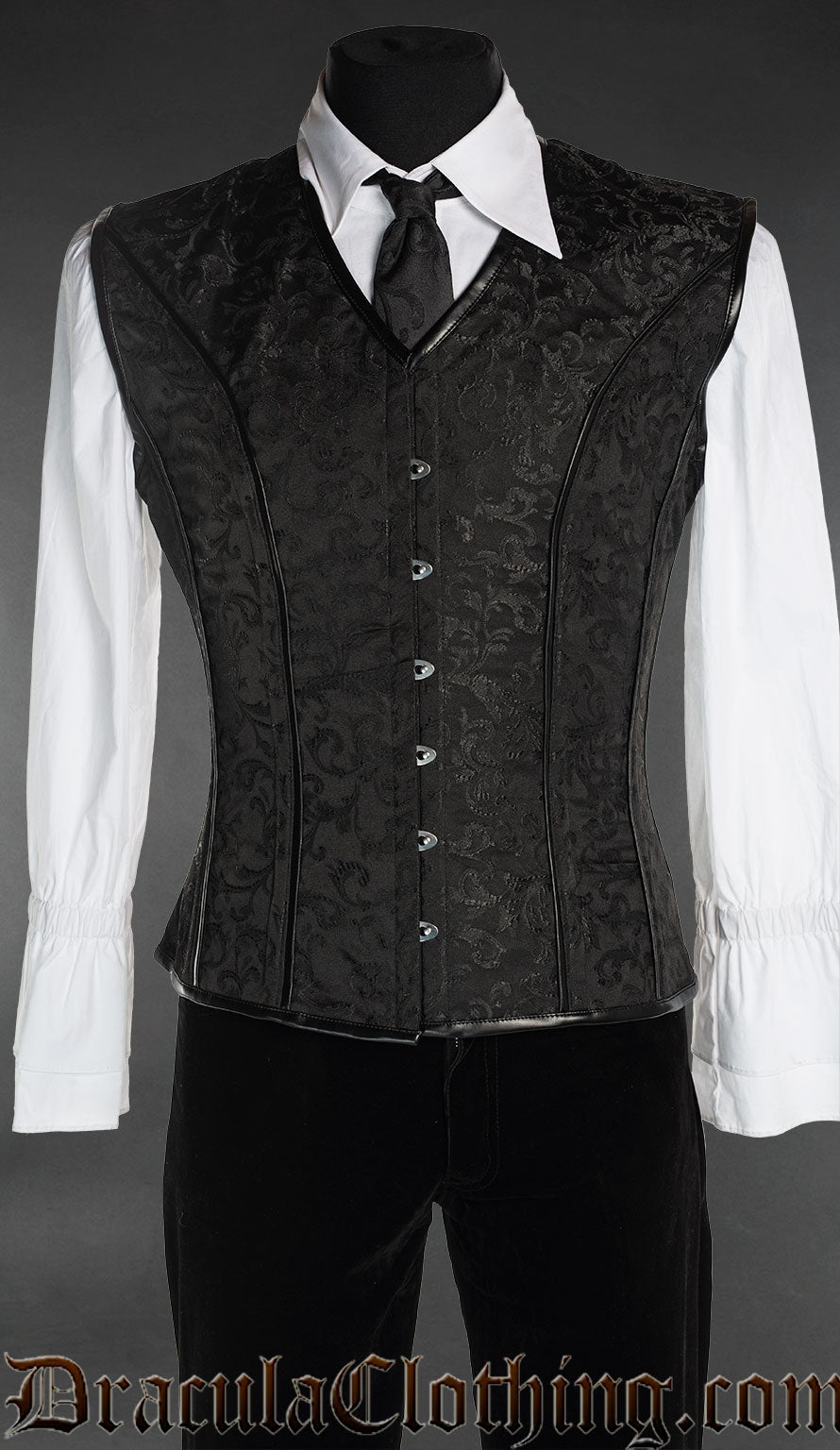 Men's black brocade v-shaper corset vest with black faux leather piping on the seams