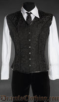 Men's black brocade v-shaper corset vest with black faux leather piping on the seams