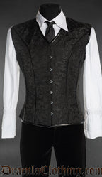 Men's black brocade v-shaper corset vest with black faux leather piping on the seams