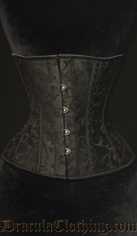 Women's underbust corset made with black brocade fabric