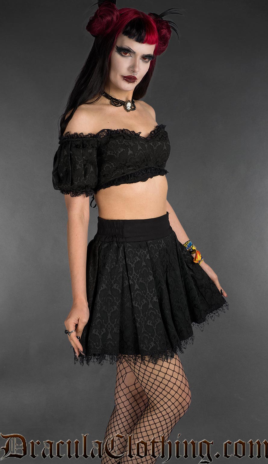 Black cotton brocade crop top with lace details side view