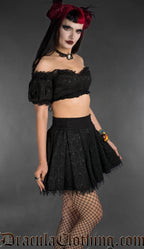 Black cotton brocade crop top with lace details side view