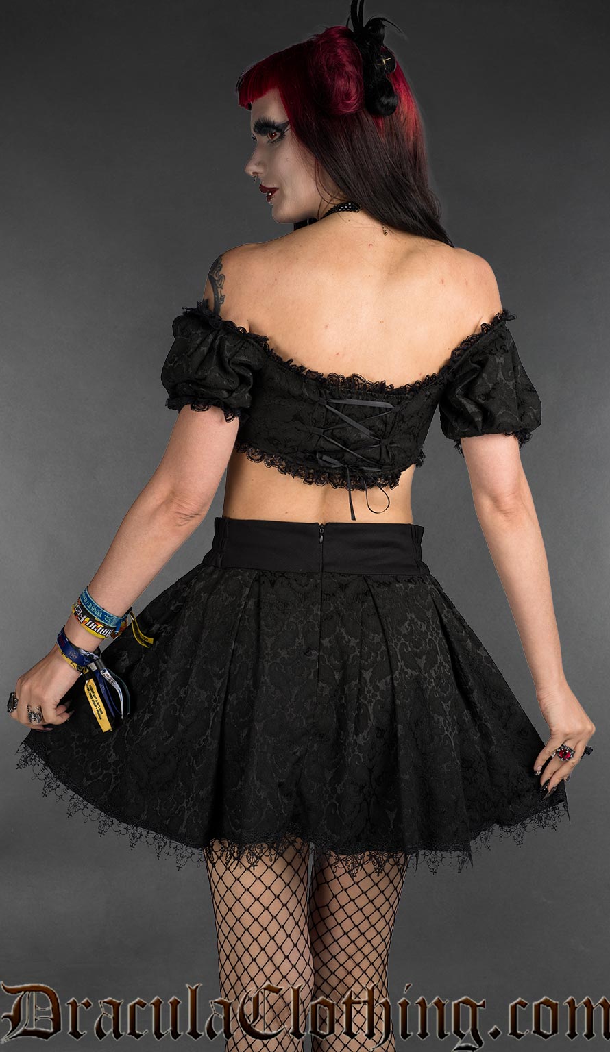Black cotton brocade crop top with lace details back view