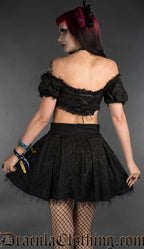Black cotton brocade crop top with lace details back view