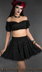 Black cotton brocade crop top with lace details
