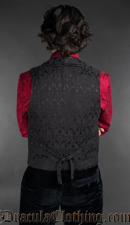 Black gothic brocade double-breasted waistcoat with adjustable back strap, rear view