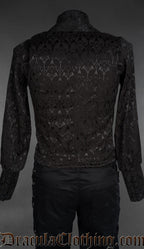 Black gothic brocade waistcoat back view showing fitted silhouette and structured design