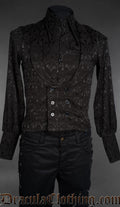 Black gothic brocade waistcoat with double-breasted front and tailored fit on mannequin