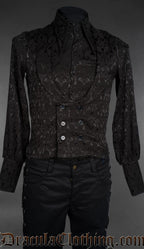 Black gothic brocade waistcoat with double-breasted front and tailored fit on mannequin