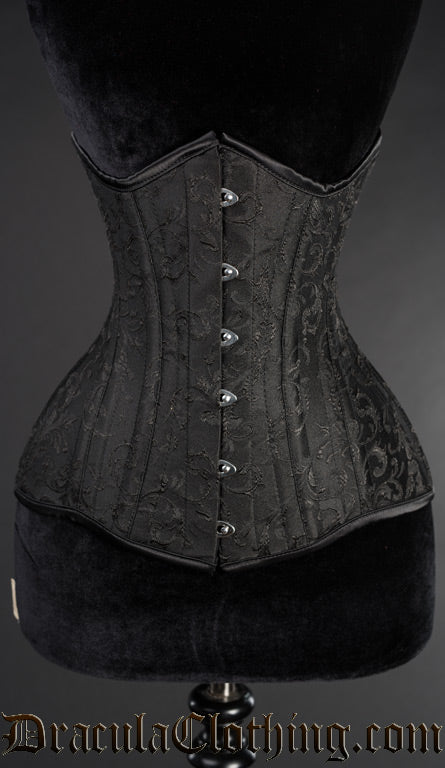 Black full length extreme waist corset made with woven cotton brocade fabric