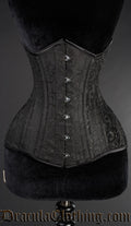 Black full length extreme waist corset made with woven cotton brocade fabric