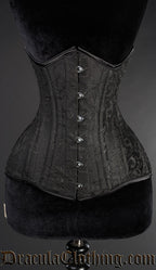 Black full length extreme waist corset made with woven cotton brocade fabric