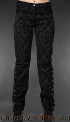 Front view of black gothic brocade officer pants with metal buttons along the lower outer legs on a gray background