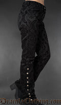 Side view of black gothic brocade officer pants with metal buttons along the lower leg on a gray background
