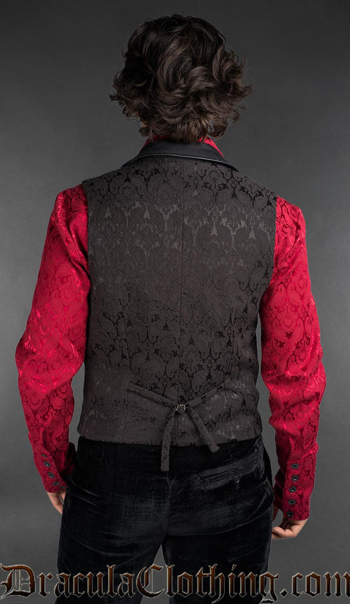 Back view of Gothic Victorian black cotton brocade waistcoat for men, styled with red shirt