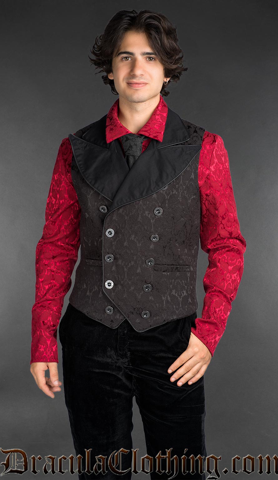 Gothic Victorian black cotton brocade waistcoat for men, styled with red shirt