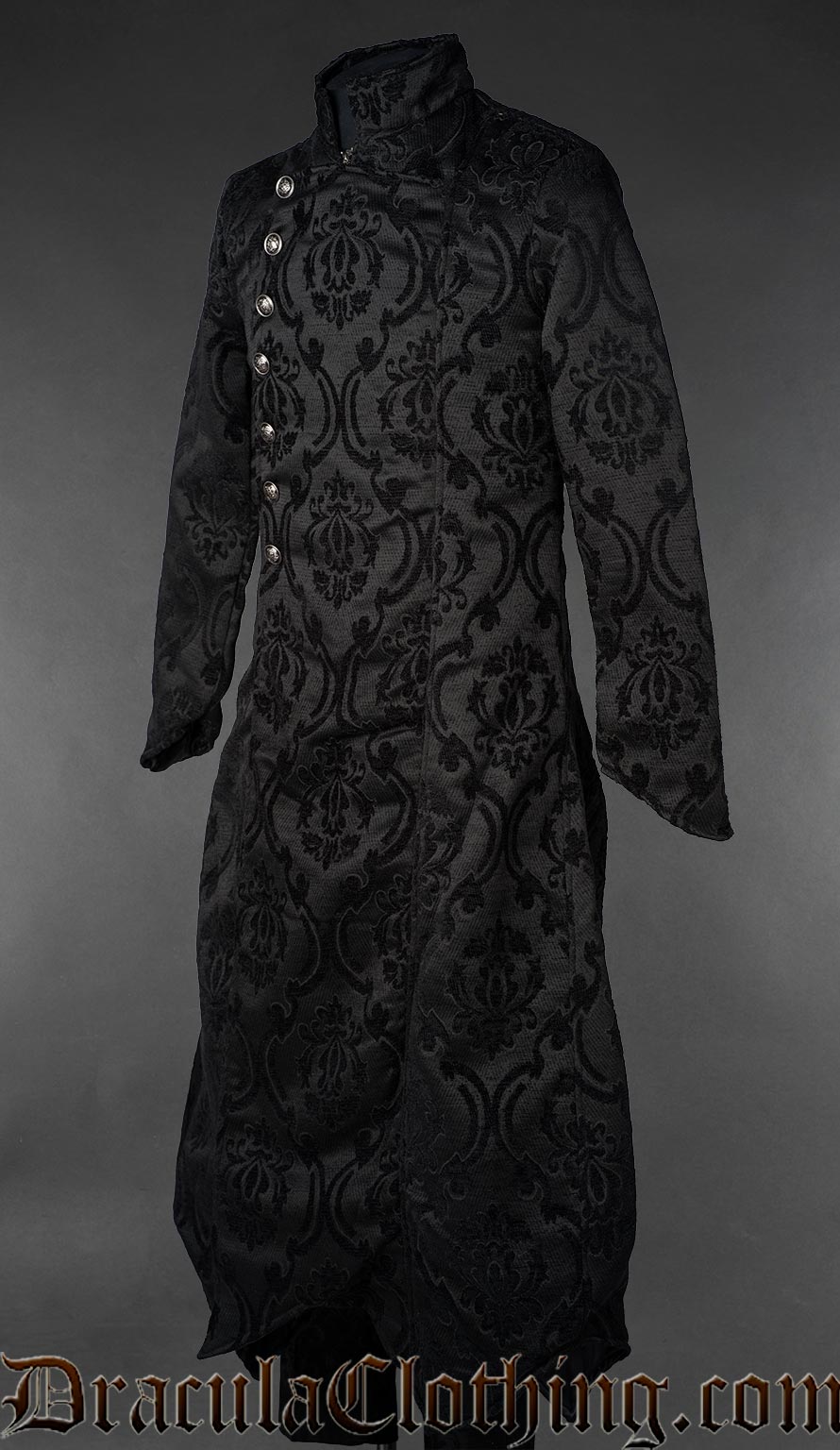 Mens black brocade gothic military coat with Victorian damask pattern, stand collar, and silver button detailing side view