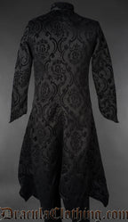 Mens black brocade gothic military coat with Victorian damask pattern, stand collar, and silver button detailing back view