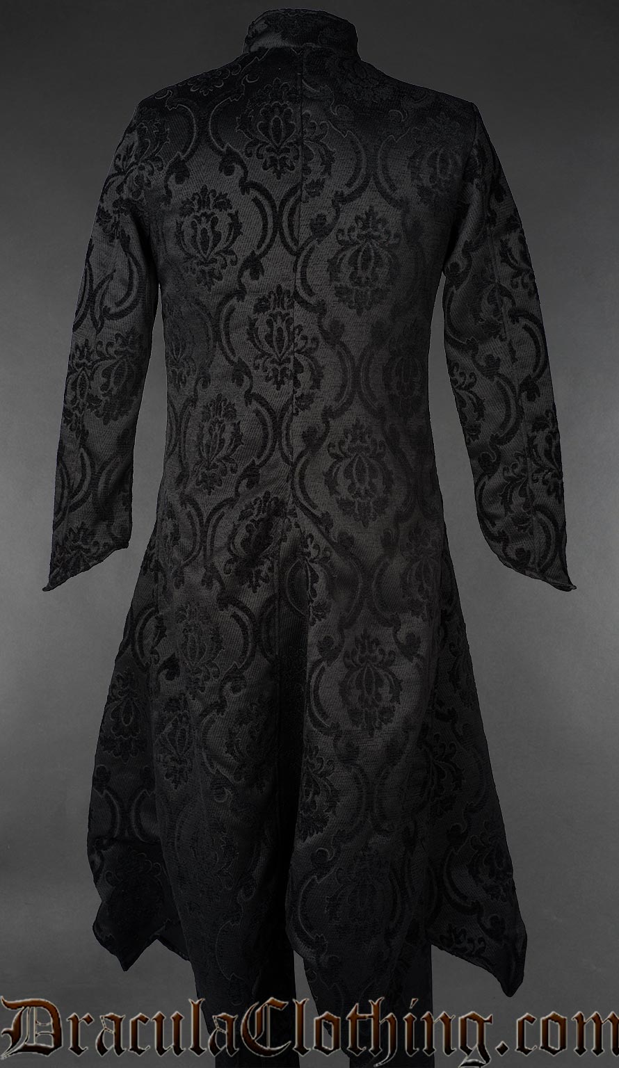Mens black brocade gothic military coat with Victorian damask pattern, stand collar, and silver button detailing back view