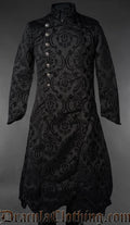 Mens black brocade gothic military coat with Victorian damask pattern, stand collar, and silver button detailing