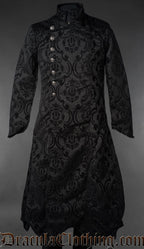 Mens black brocade gothic military coat with Victorian damask pattern, stand collar, and silver button detailing
