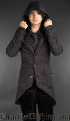 Men’s black brocade gothic hooded jacket with Victorian-inspired cut
