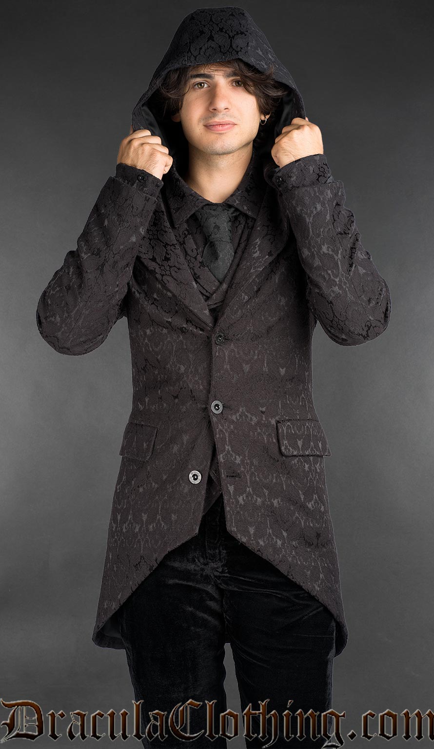 Men’s black brocade gothic hooded jacket with Victorian-inspired cut