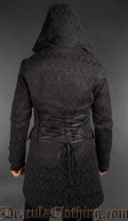 Back view of Men’s black brocade gothic hooded jacket with Victorian-inspired cut