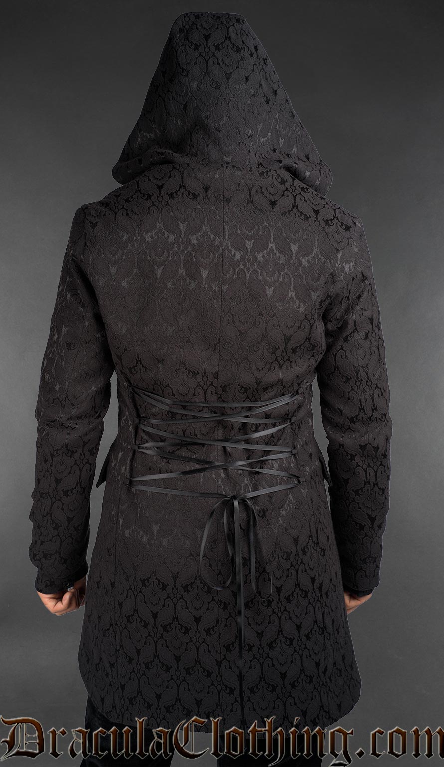 Back view of Men’s black brocade gothic hooded jacket with Victorian-inspired cut