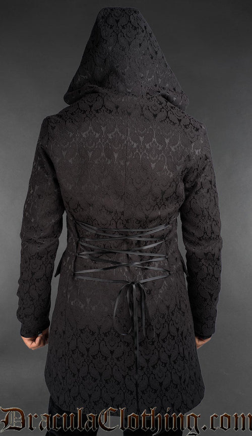 Back view of Men’s black brocade gothic hooded jacket with Victorian-inspired cut