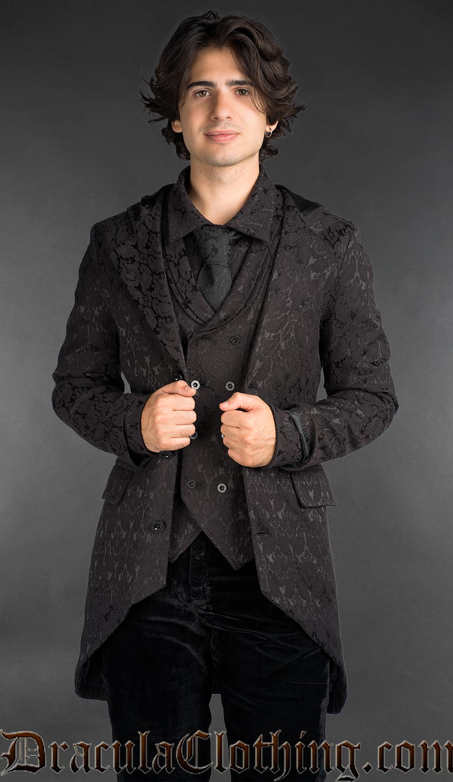 Men’s black brocade gothic hooded jacket with Victorian-inspired cut
