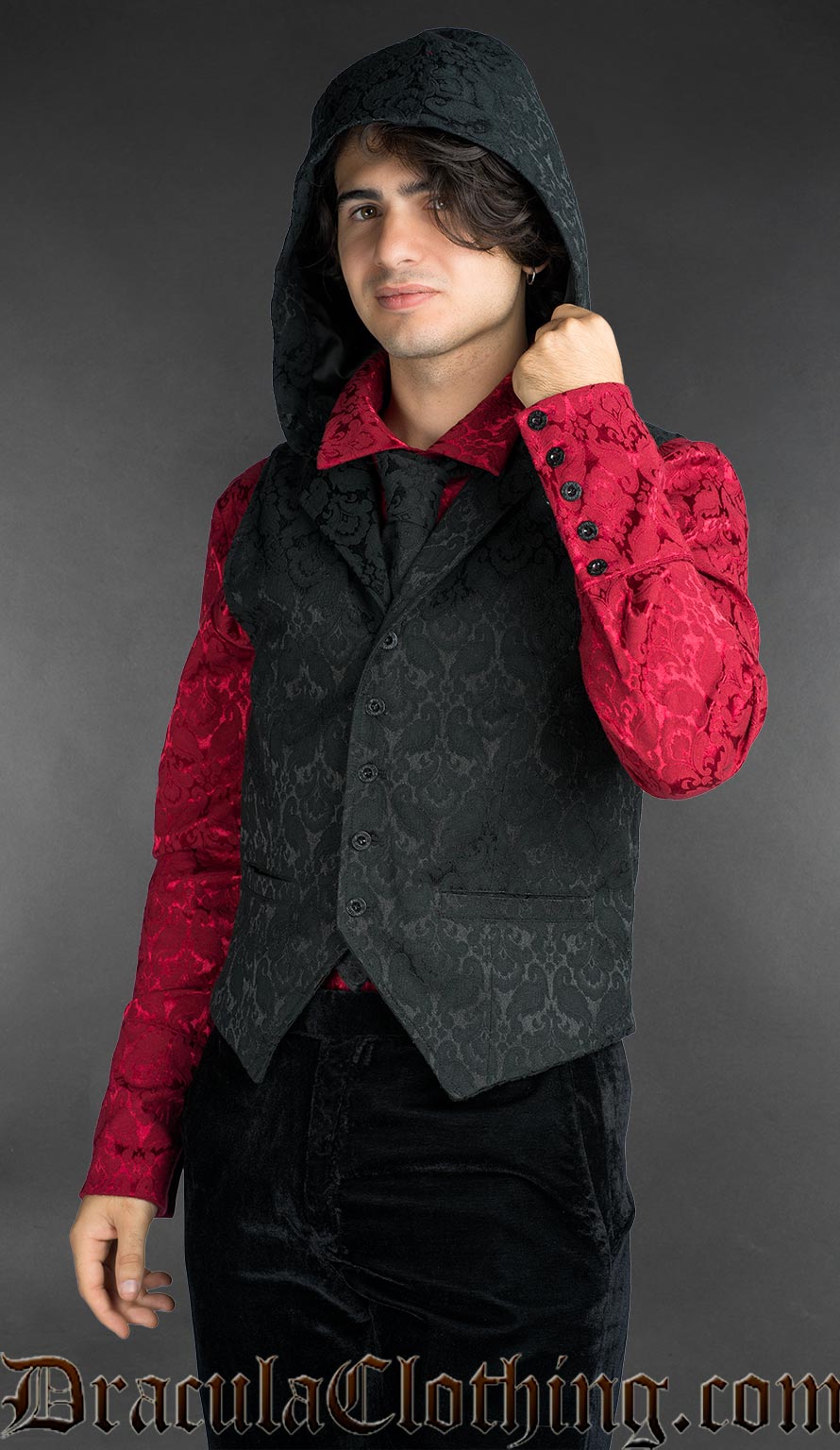 Black Brocade Hooded Vest
