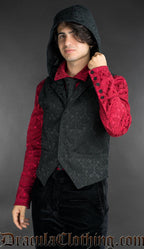 Black gothic brocade hooded vest, alternative mens waistcoat with hood