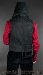 Black gothic brocade hooded vest, alternative mens waistcoat with hood back view