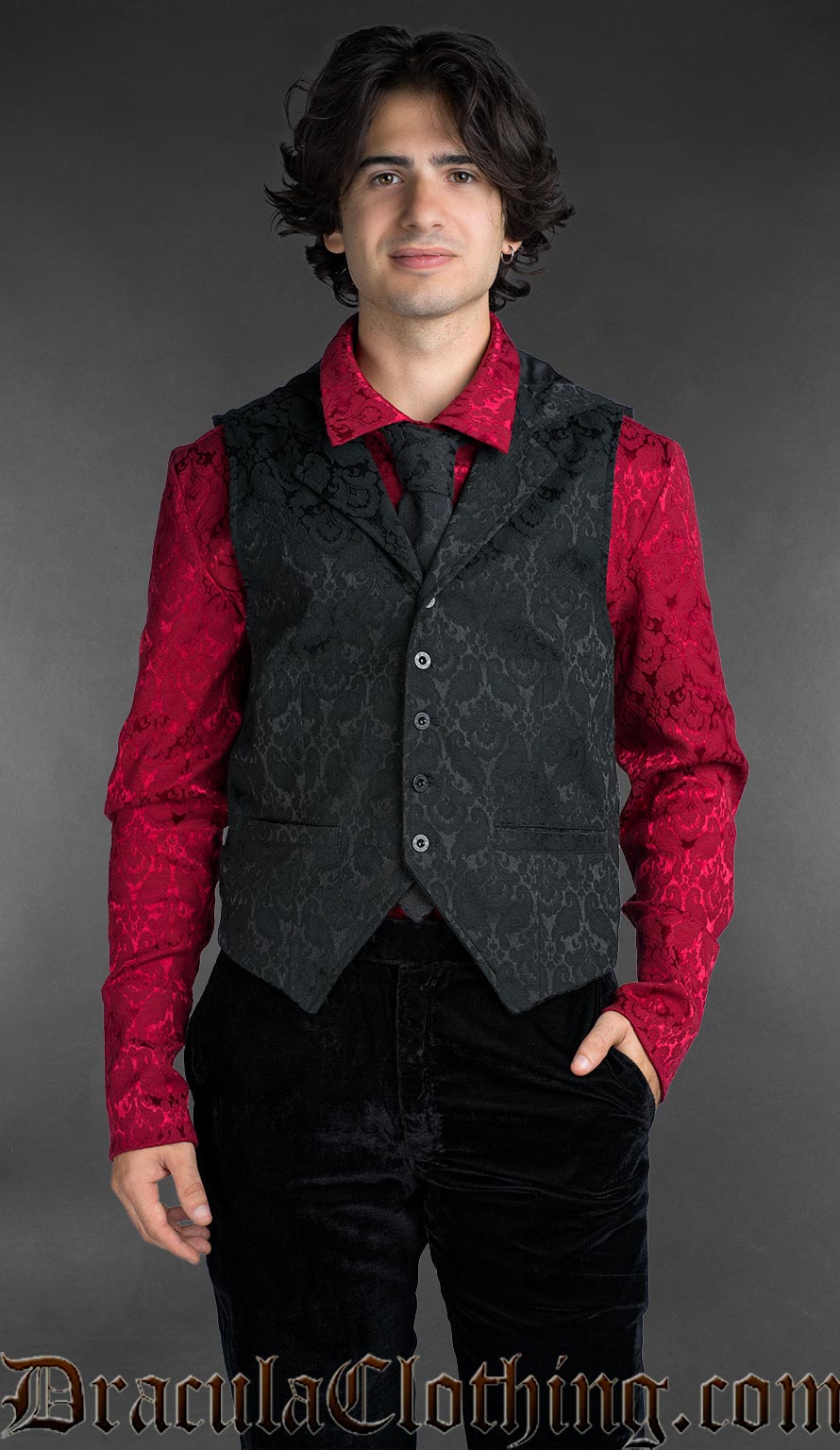 Black Brocade Hooded Vest