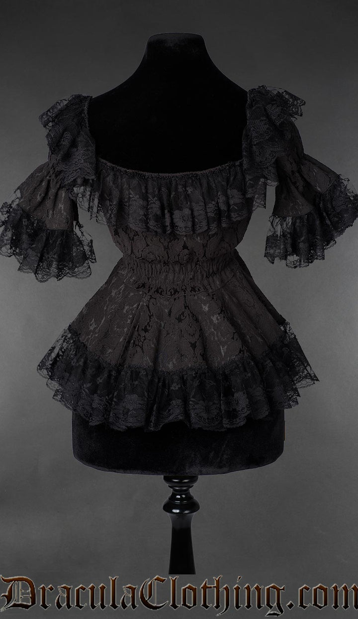 Back view of Gothic Victorian black lace brocade blouse with ruffled neckline and fitted waist