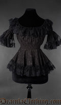 Gothic Victorian black lace brocade blouse with ruffled neckline and fitted waist