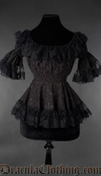 Gothic Victorian black lace brocade blouse with ruffled neckline and fitted waist