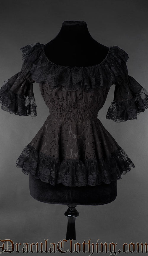 Gothic Victorian black lace brocade blouse with ruffled neckline and fitted waist
