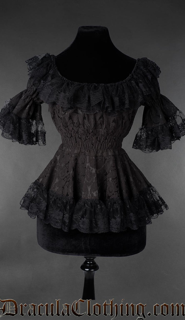 Gothic Victorian black lace brocade blouse with ruffled neckline and fitted waist