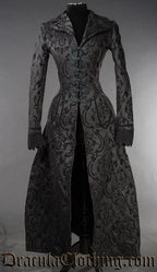 Black brocade long women's coat with centre knot fastening and lapel collar